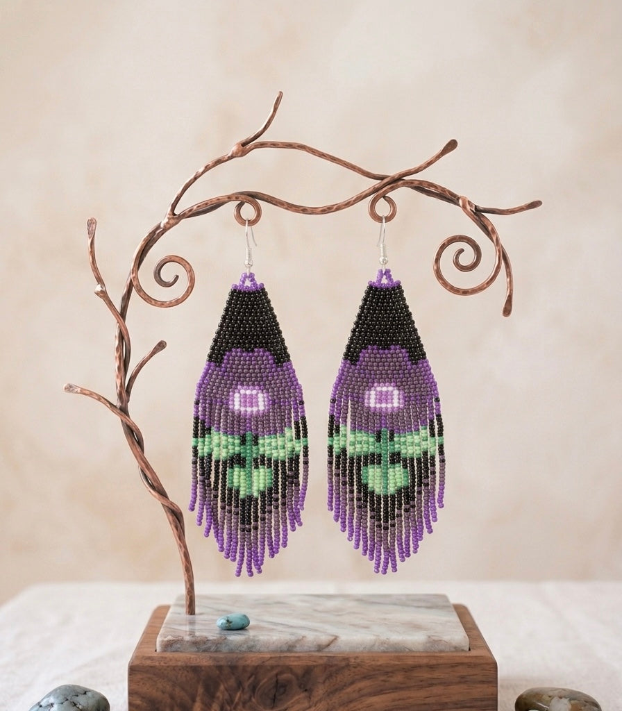 Flower Beaded Earrings ( Purple )-6