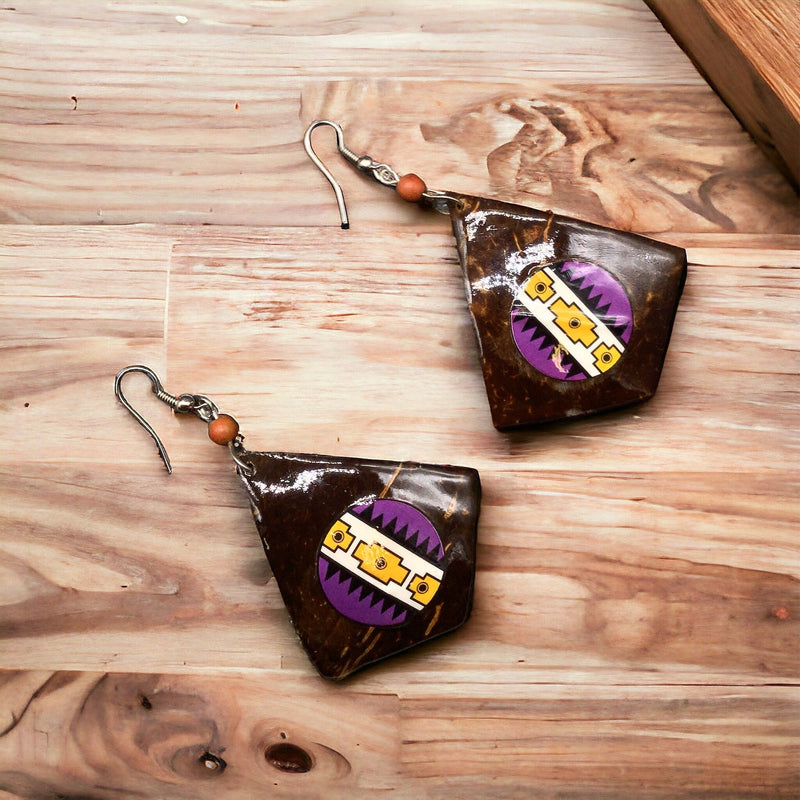 Wood Painted Purple Round Earrings-2