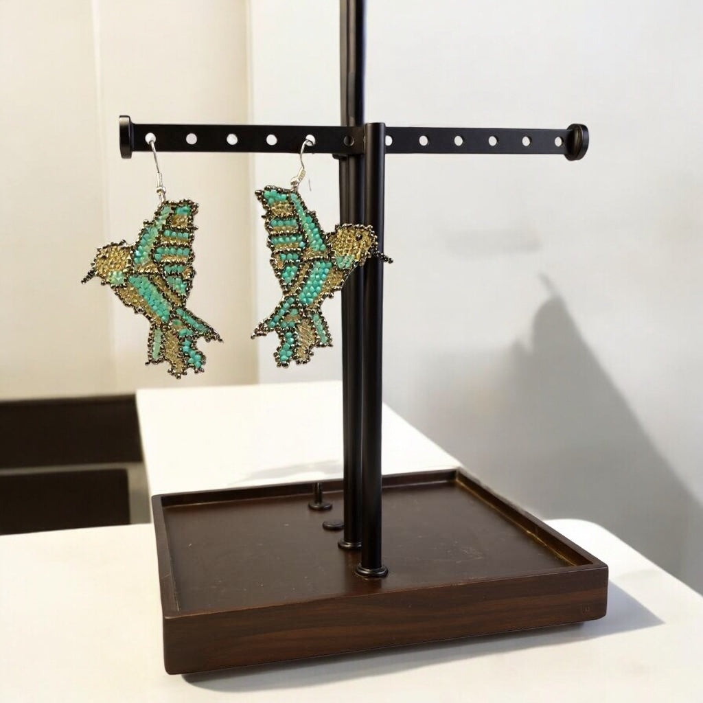 Golden Turquoise Beaded bird Earrings