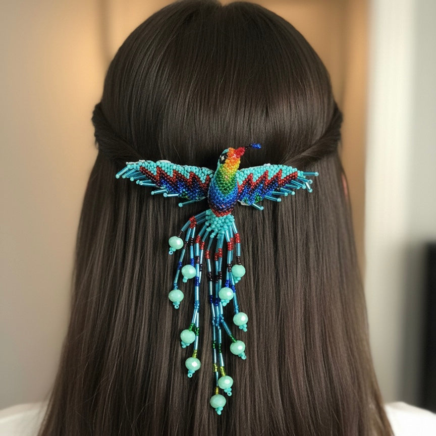 Turquoise Hummingbird Barrette with Fringes