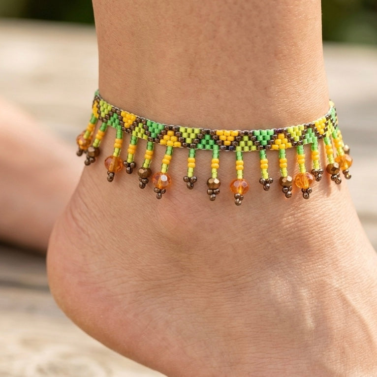 Beaded Anklet Green Orange-1