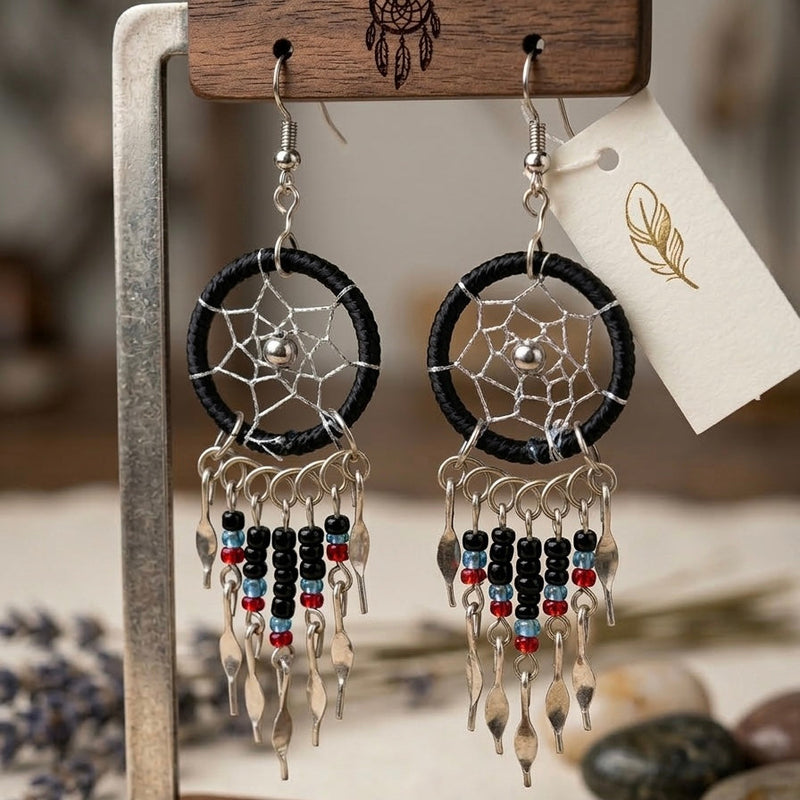 black beaded dream catcher earrings-1