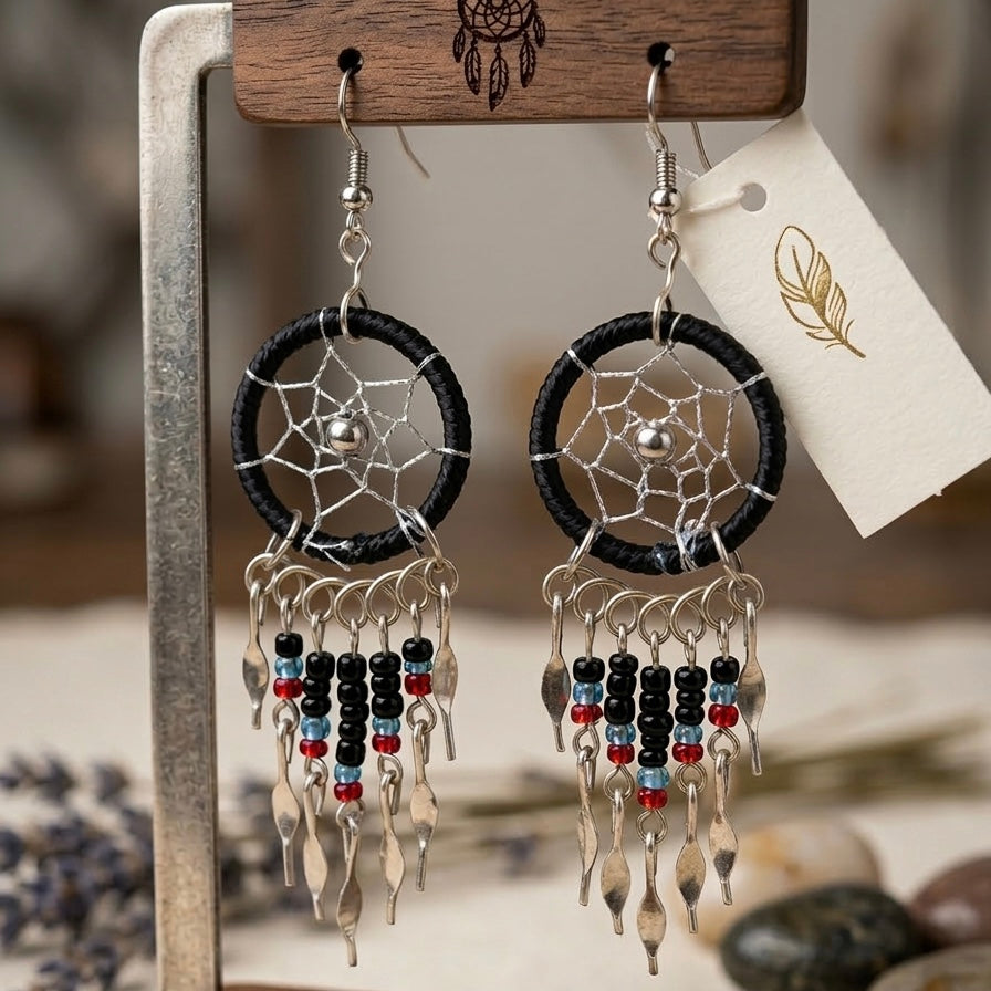 black beaded dream catcher earrings