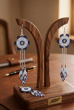 Sun Feather Bloom Beaded Earrings- white/silver/blue-1