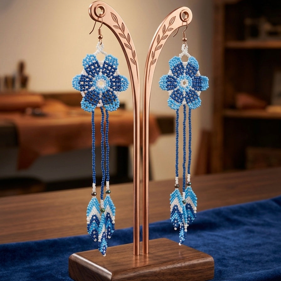 Sun Feather Bloom Beaded Earrings- Celeste/blue