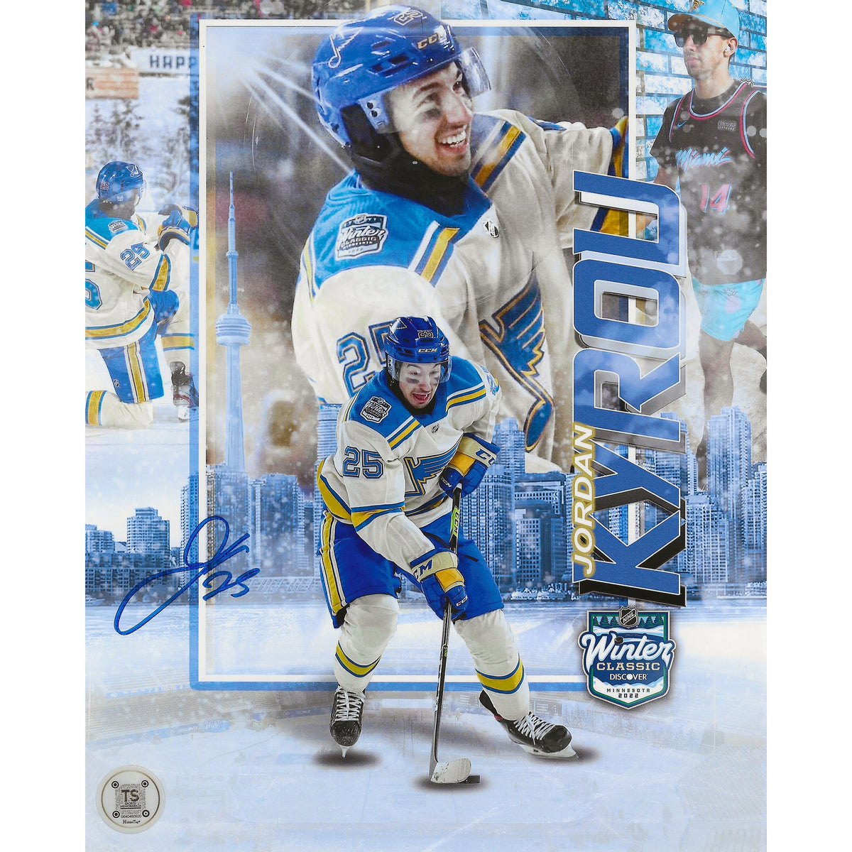 Fotografía de 8x10 de Jordan Kyrou autografiada del Winter Classic 2022 de los St. Louis Blues-1