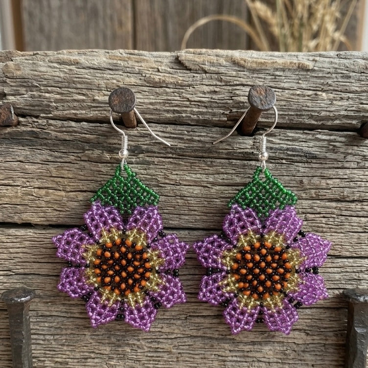 Sunflower Beaded Earrings (Purple)-3