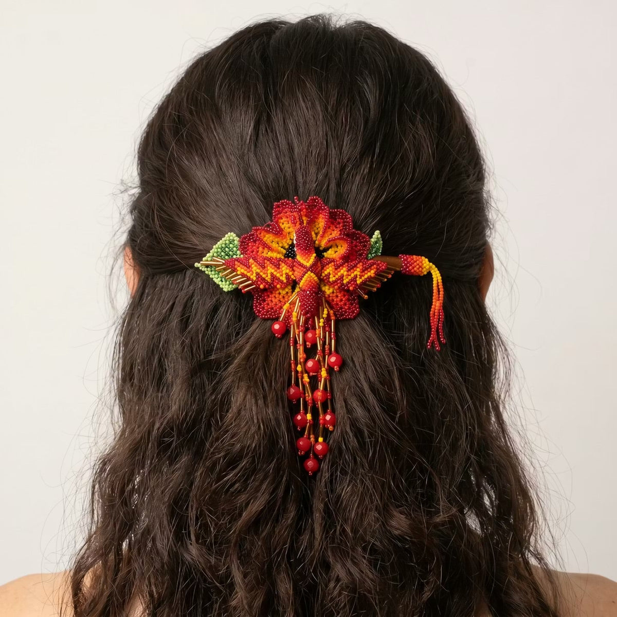 Maple Blossom Hummingbird Beaded Hair Stick Barrette Red-1