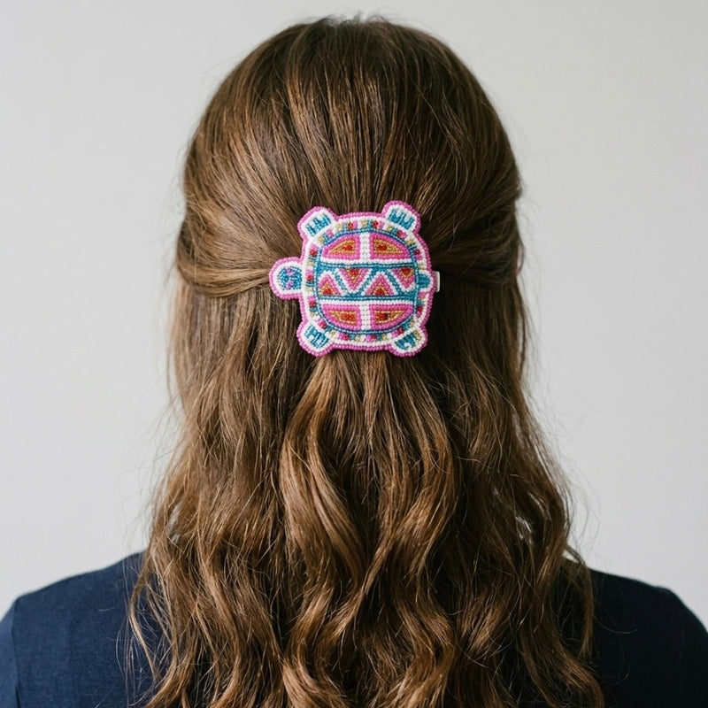 Beaded turtle Barrette pink accent-2