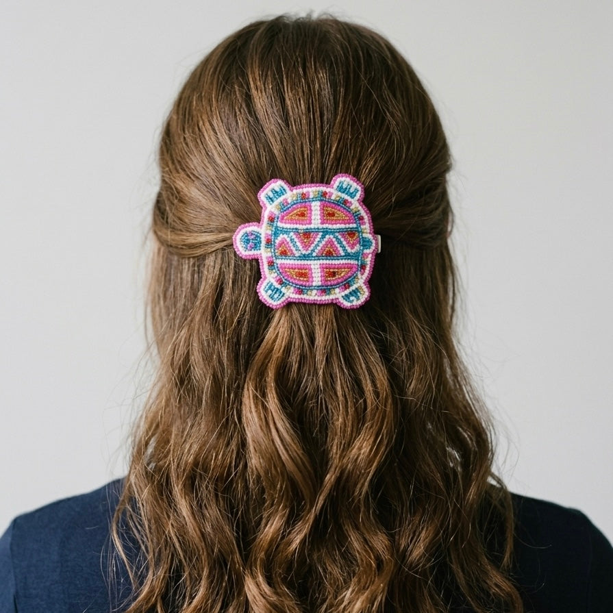 Beaded turtle Barrette pink accent-2