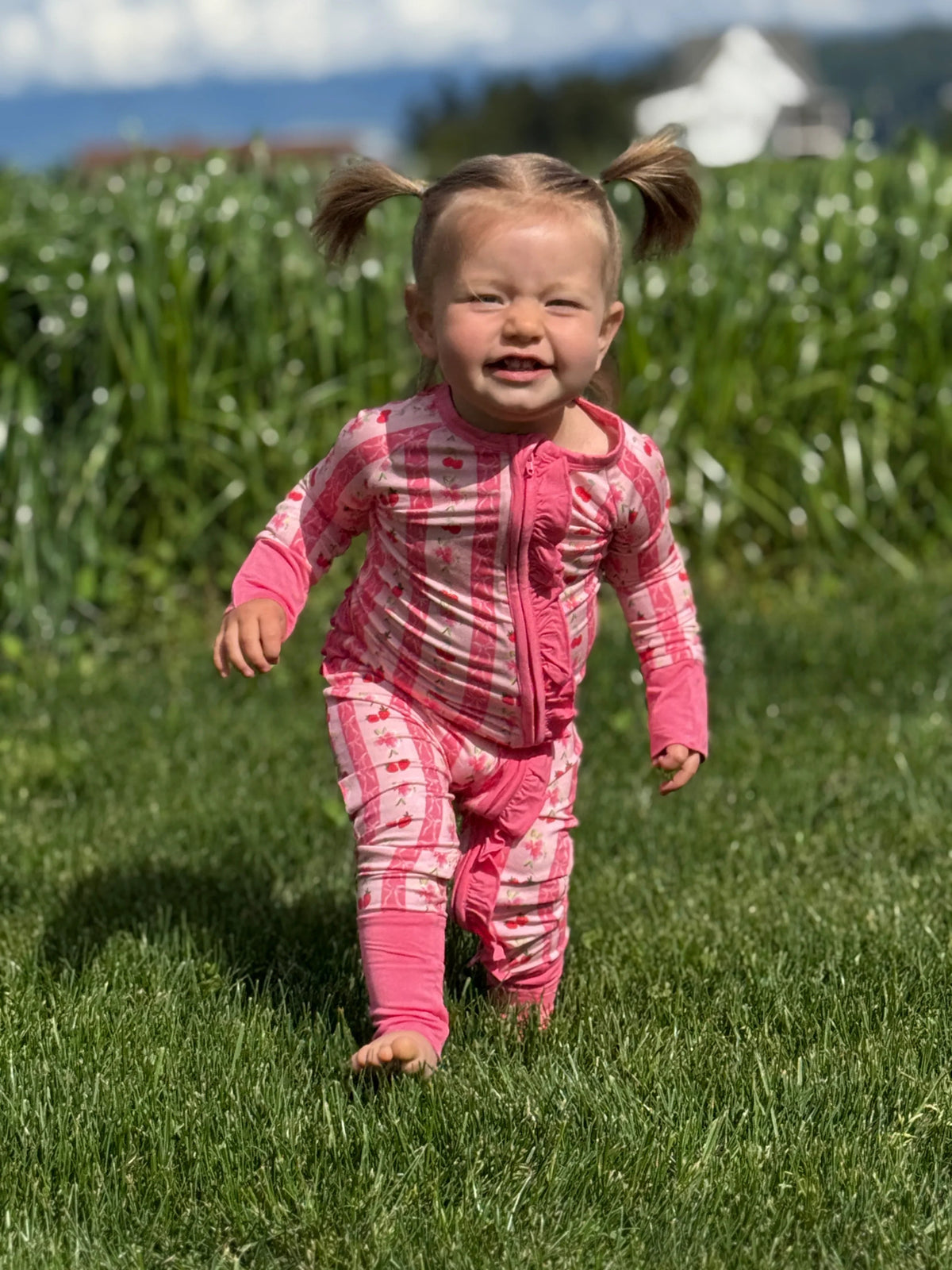 Convertible Footed One Piece - Pink Strawberry & Cherry Bows-1