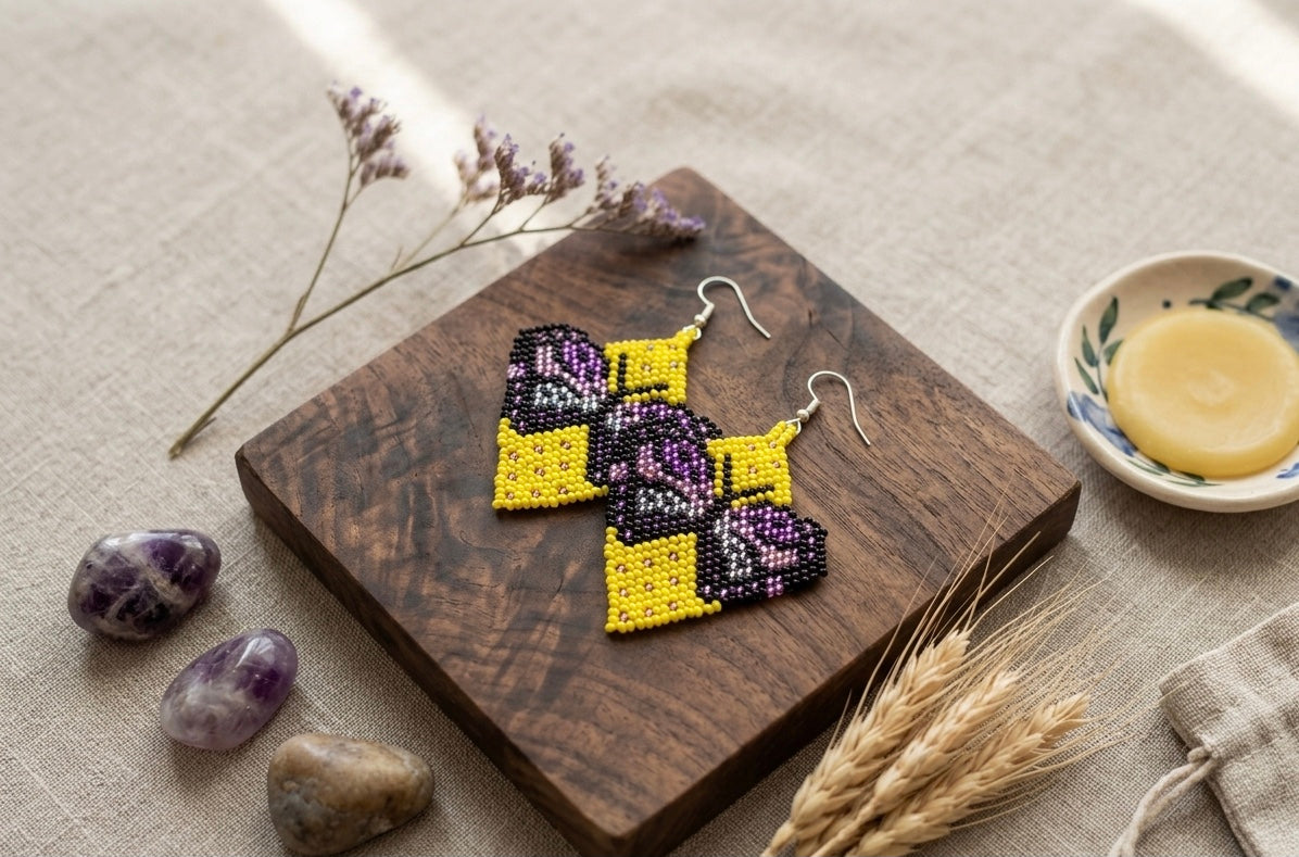 Butterfly Beaded Earrings (Yellow)-3