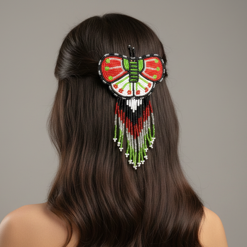 Butterfly Beaded Barrettes with Fringes Red& Green-1