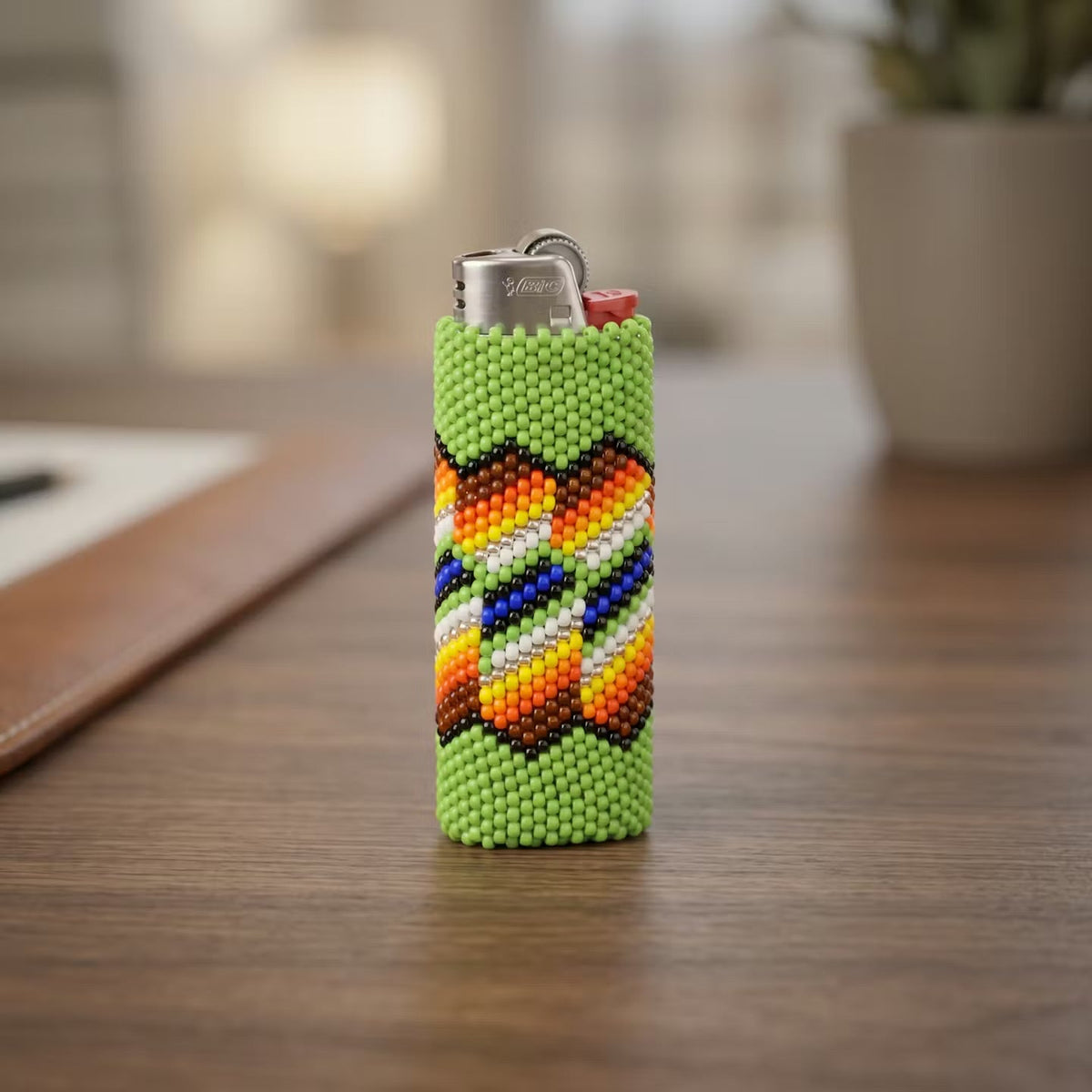 Green and Orange Beaded Lighter Case