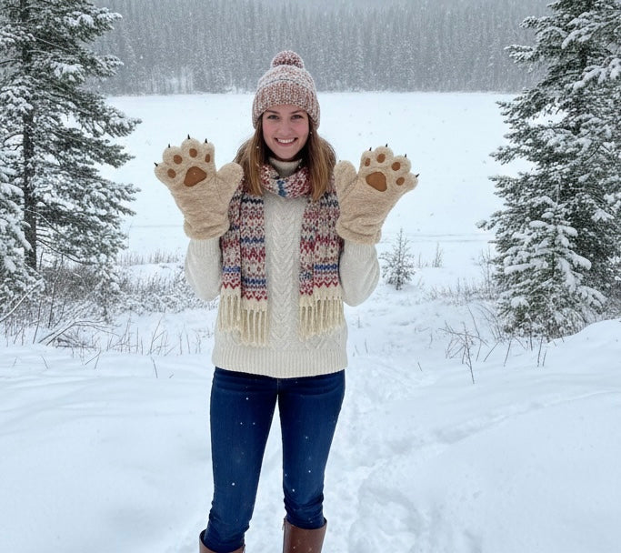 Brown Soft Plush Bear Paw Gloves-1
