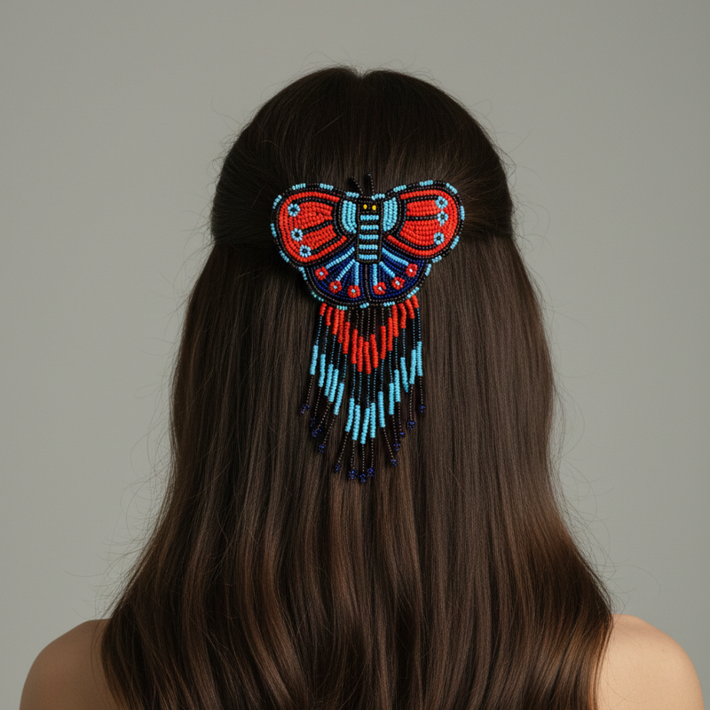 Butterfly Beaded Barrettes with Fringes - Sky Blue & Red-1