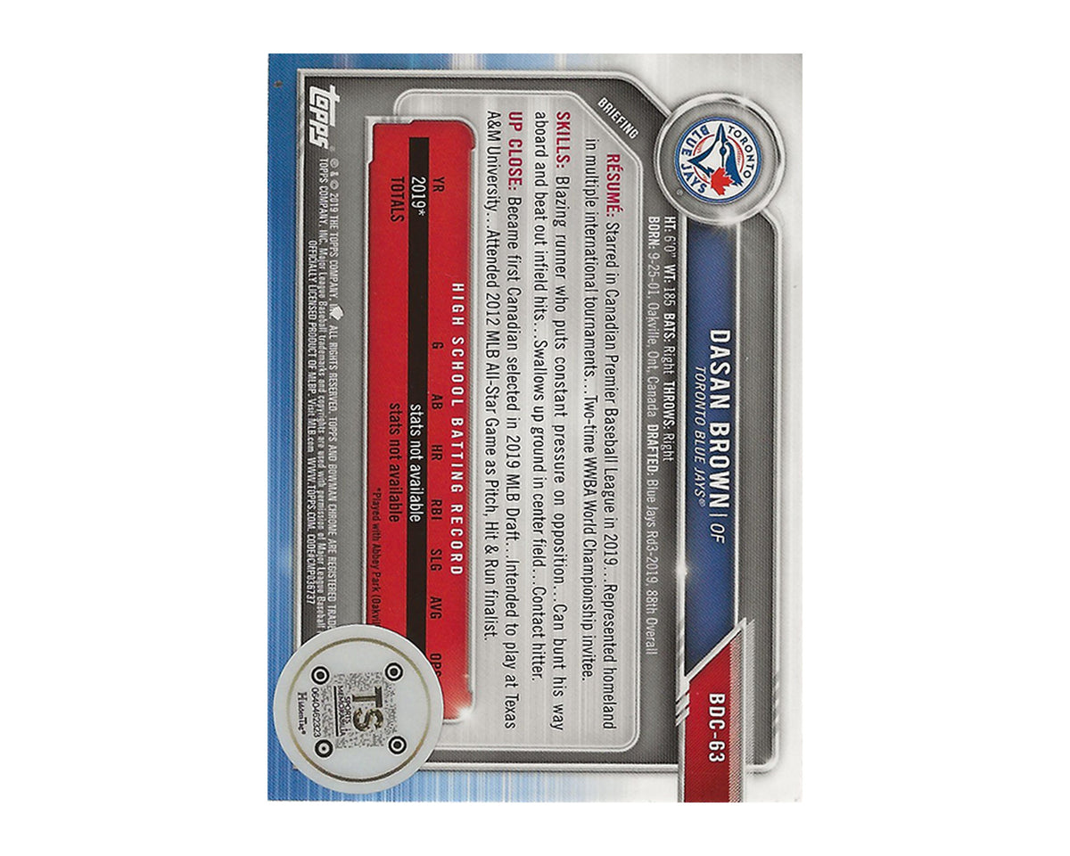 Dasan Brown Autographed 2019 Bowman Chrome Draft MOJO #BDC-63 Baseball Card-2