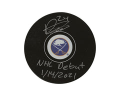Palet de hockey Buffalo Sabres autographié par Dylan Cozens, modèle autographié, avec l'inscription "NHL Debut 1/14/2021"-1