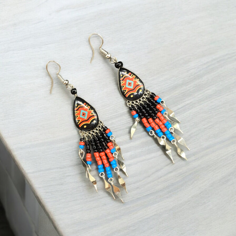 Small Sized Southwestern Black and Red Teardrop Earrings-2