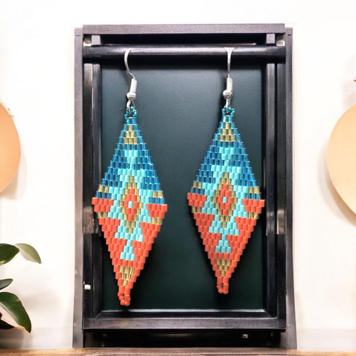Red and Turquoise Miyuki Glass Beaded Earrings-1