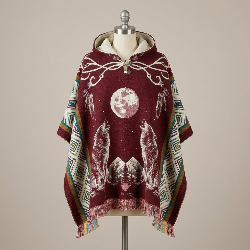 Howling wolf HandMade Wool Poncho-4