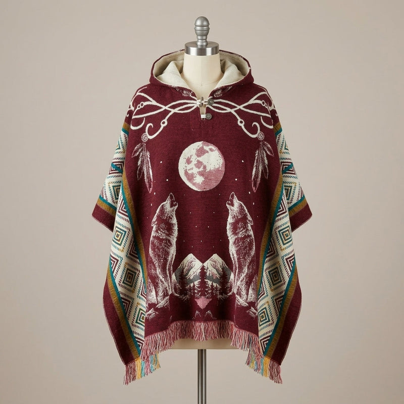 Howling wolf HandMade Wool Poncho-4