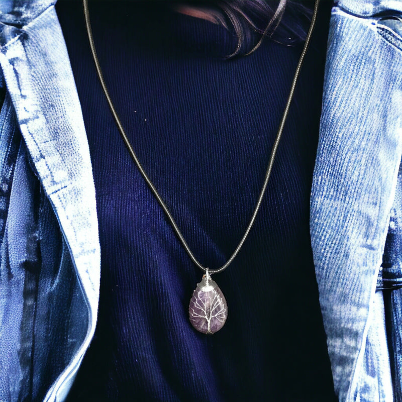 Purple Gemstone Pendant Wrapped w/ Silver Tree of Life-1