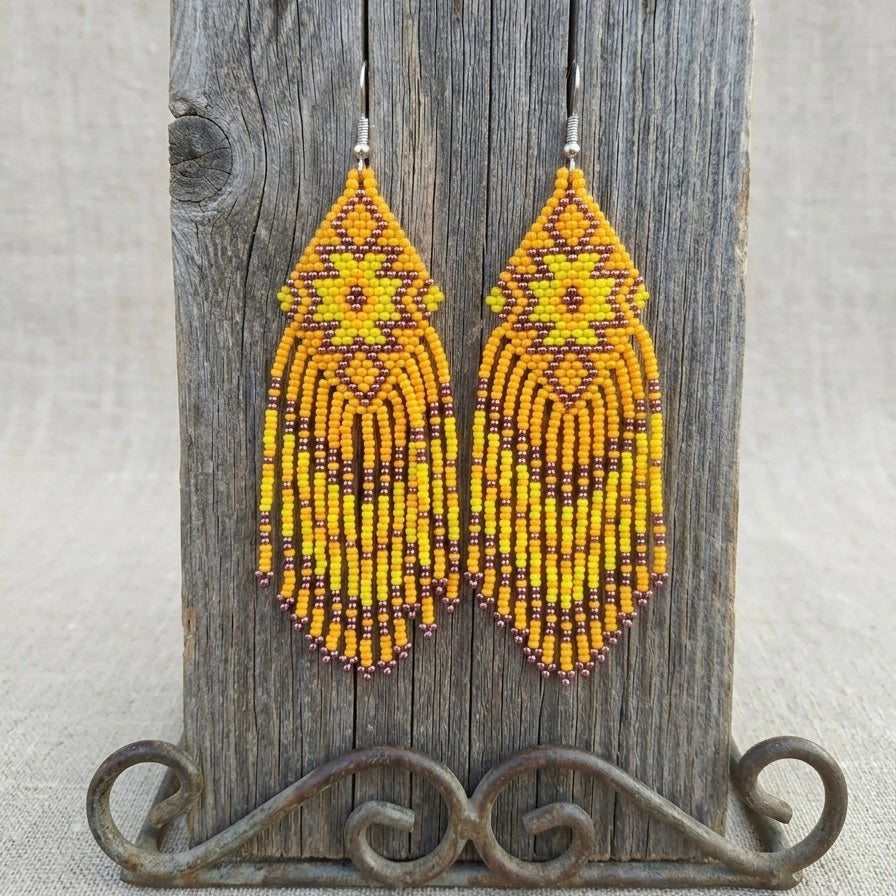 Fringe Bead Drop Earrings (Yellow)-3