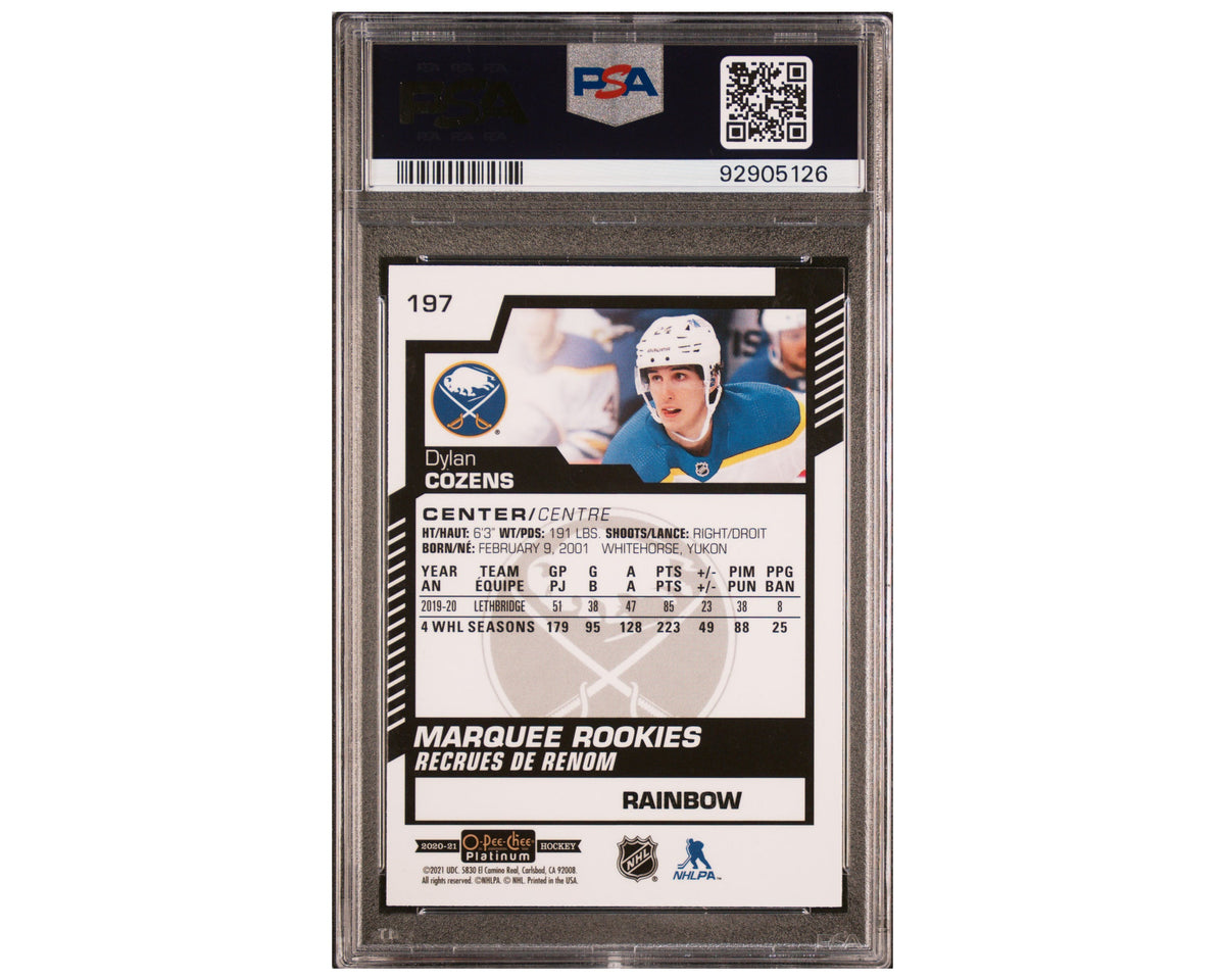Dylan Cozens autografiado, PSA Auto 8, 2020-21 O-Pee-Chee Platinum Marquee Rookies #197-2
