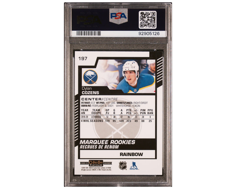 Dylan Cozens autografiado, PSA Auto 8, 2020-21 O-Pee-Chee Platinum Marquee Rookies #197-2