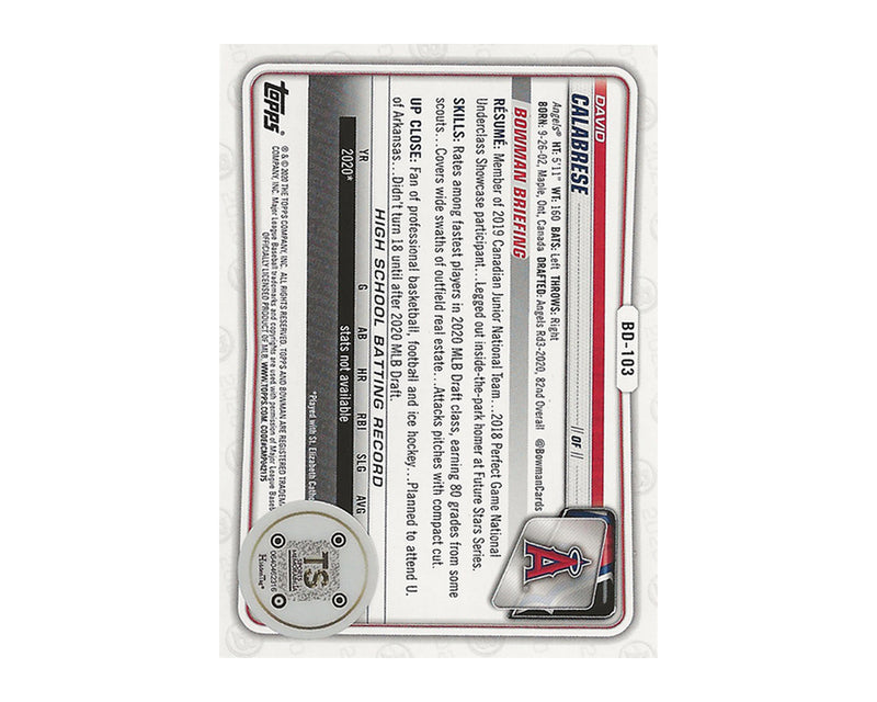 Carte de baseball David Calabrese dédicacée 2020 Bowman Draft Paper #BD-103 1ère rookie-2