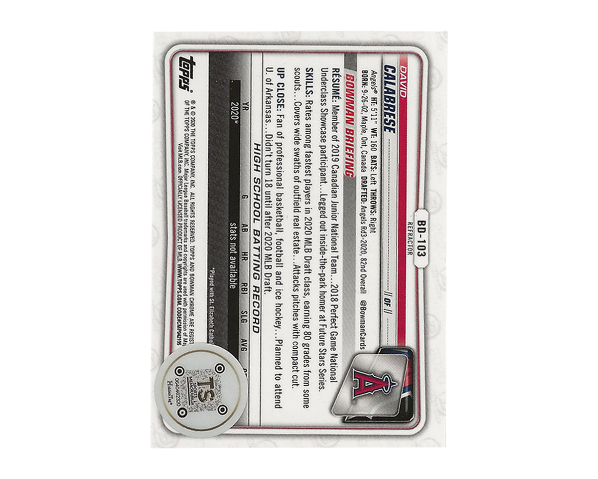 Carte de baseball David Calabrese dédicacée 2020 Bowman Chrome Draft Refractor #BD-103 1re recrue-2