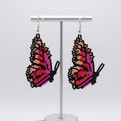 Pink Beaded Butterfly Wing Earrings-3