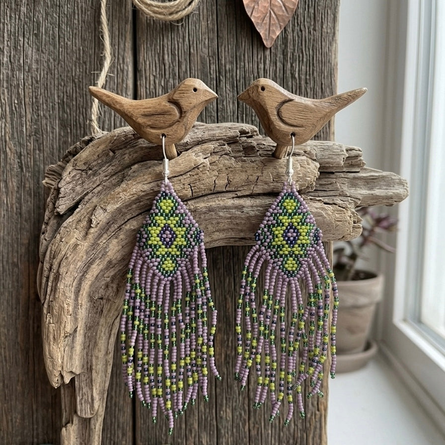 Fringe Bead Drop Earrings (Purple)-1