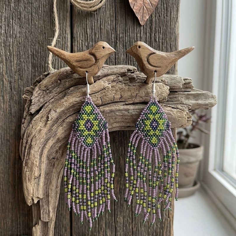 Fringe Bead Drop Earrings (Purple)-1