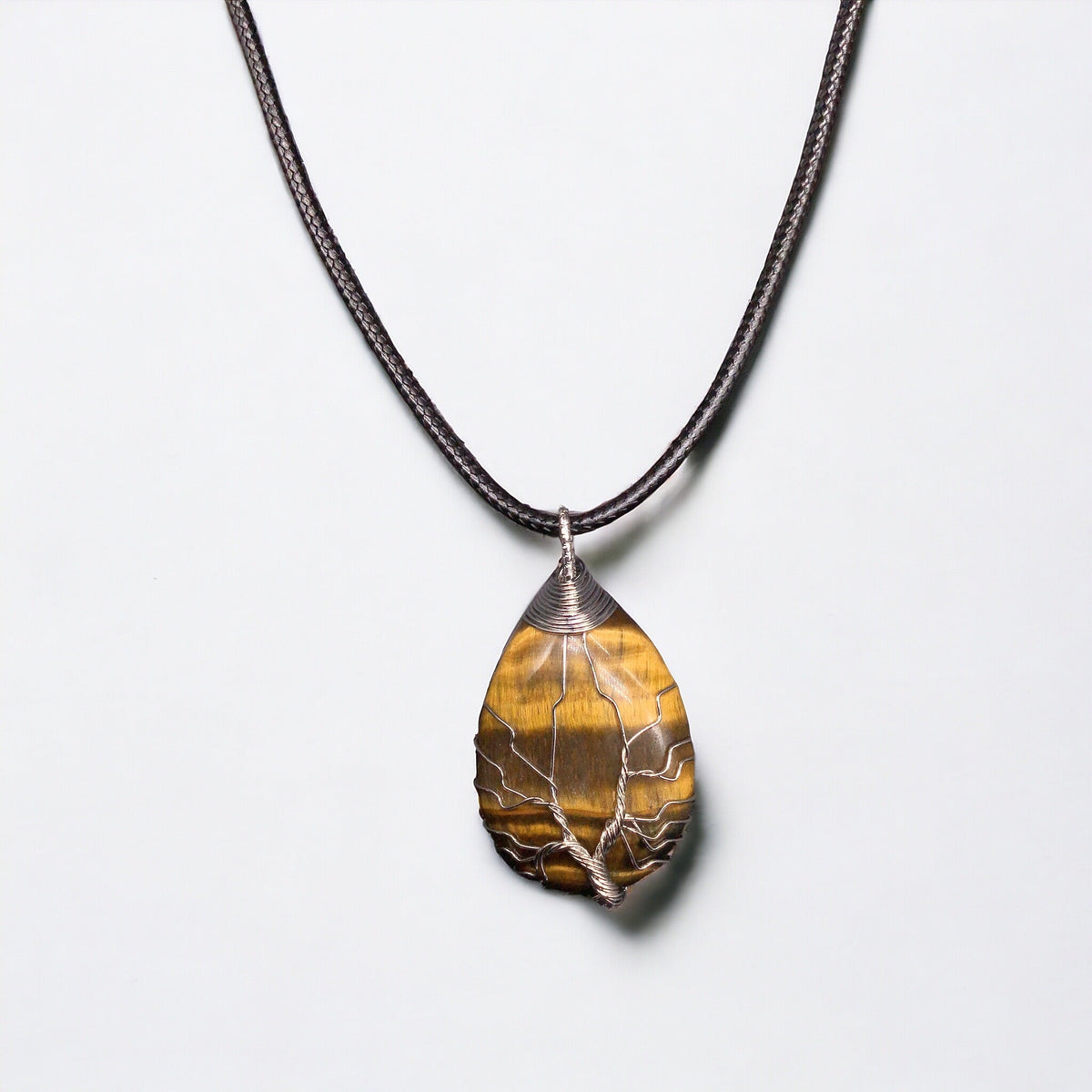 Yellow golden tiger eyes Gemstone Pendant Wrapped w/ Silver Tree of Life-2