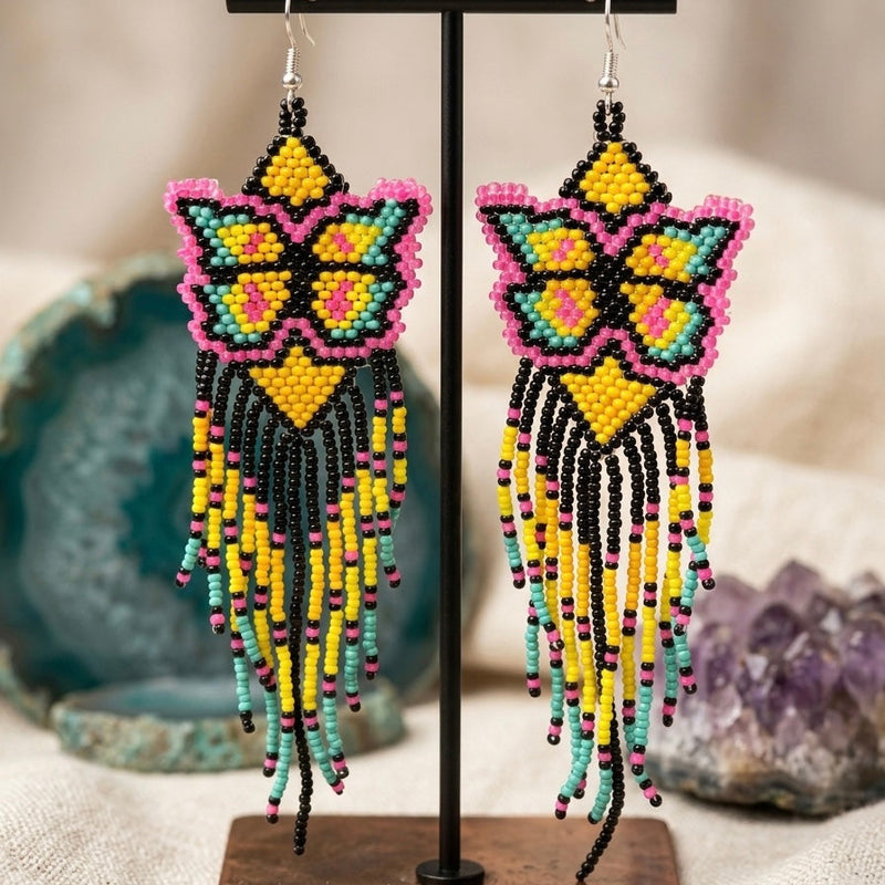 Black Beaded Dancing Wing Earrings-2