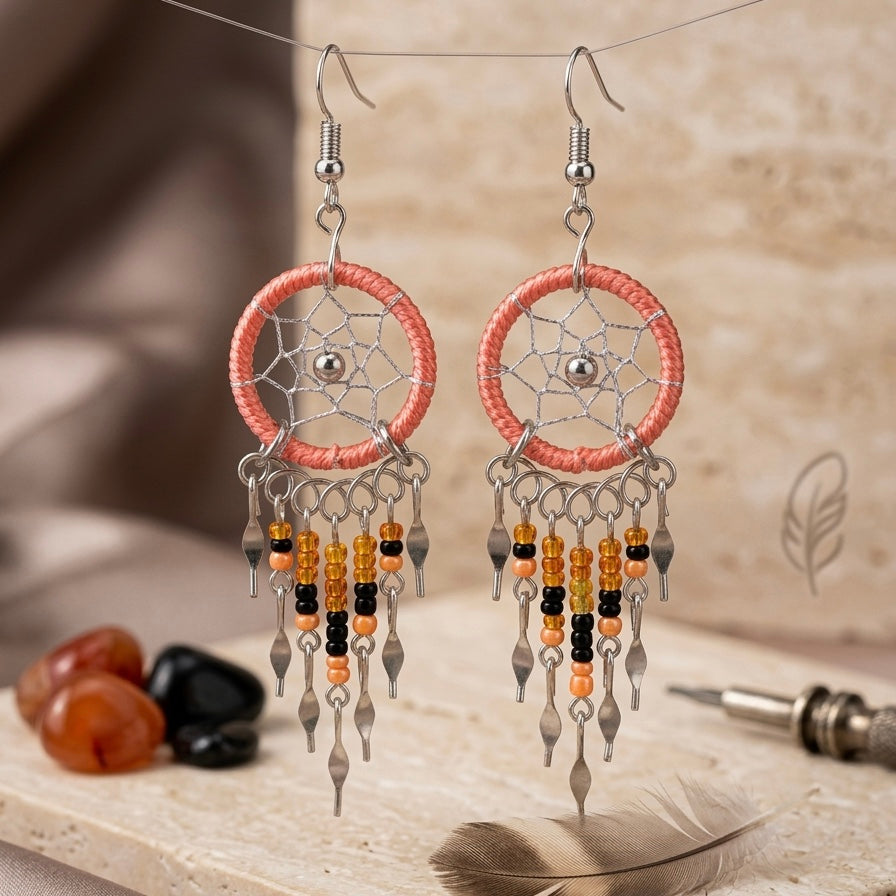 Rose pink beaded dream catcher earrings-2