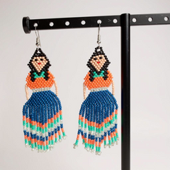 Green Orange Beaded Ribbon Skirt Dancer Earrings-1