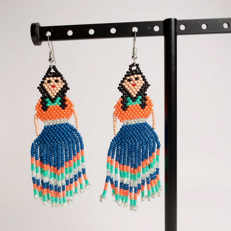 Green Orange Beaded Ribbon Skirt Dancer Earrings-1