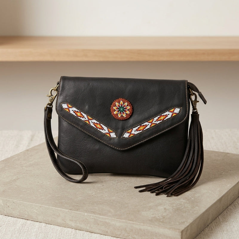 Leather beaded Crossbody bag(Chocolate Brown)-6