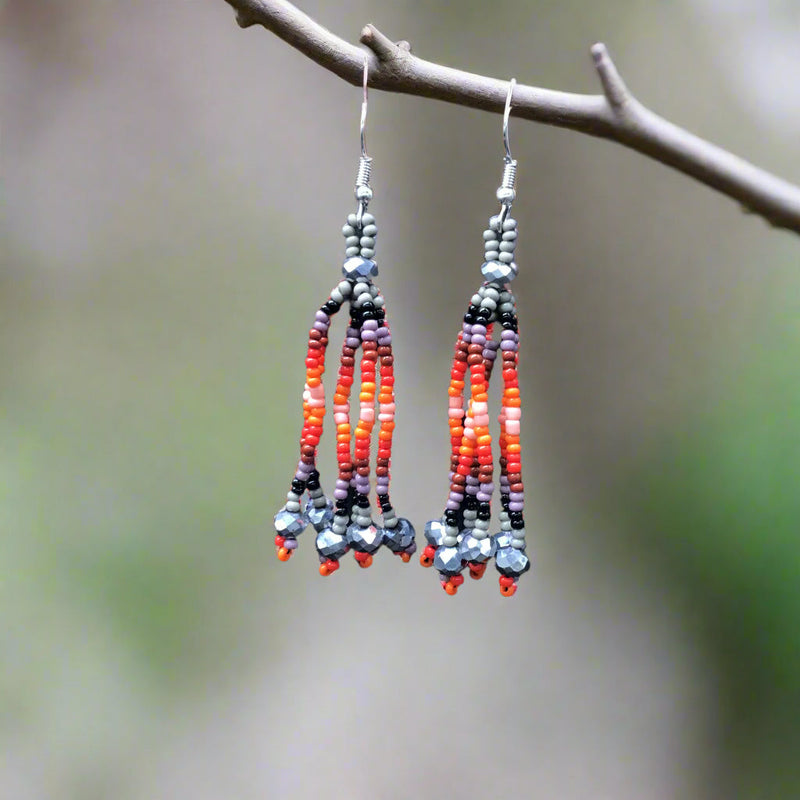 Grey Six-Strand Beaded Cascade Earrings-1