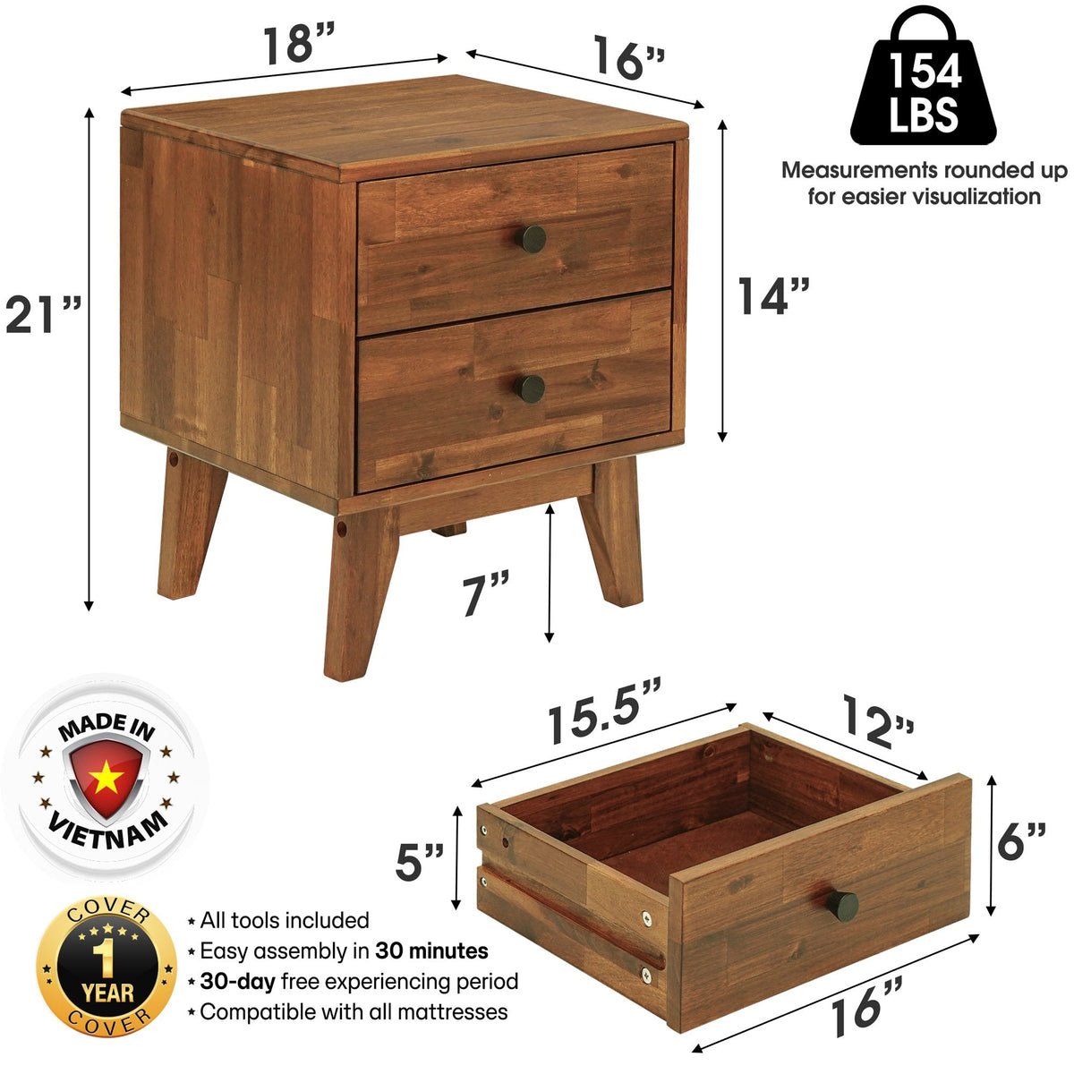 Silvia 2-Drawer Solid Wood Nightstand-3