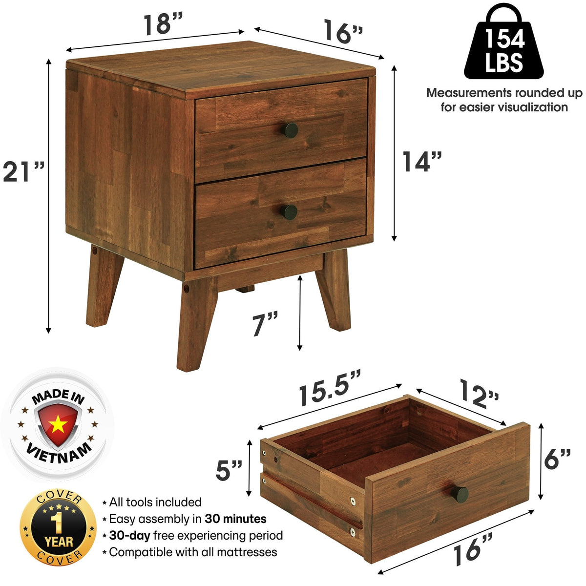 Silvia 2-Drawer Solid Wood Nightstand-21