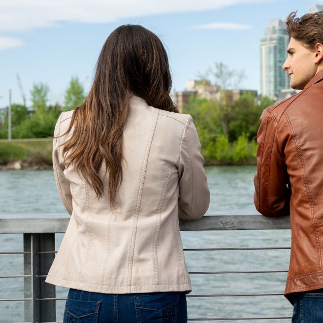 Women's Classic Sheep Leather Jacket. Standing Collar with Studs, 4 Zippered Pockets & Shoulder Accent Stitching-20