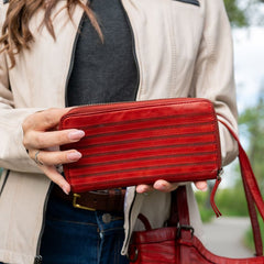 MET Women’s Leather Zip Around Wallet. Striped Textured Long Wallet-4