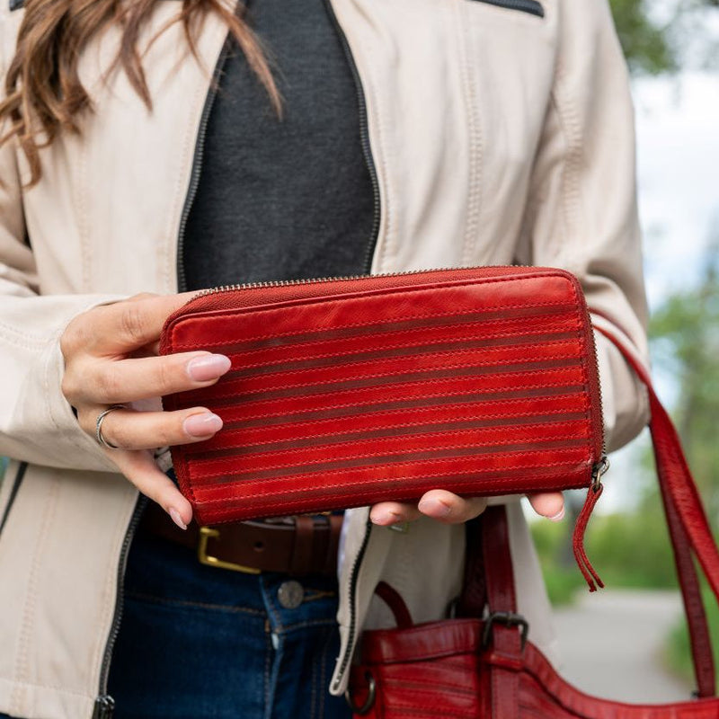 MET Women’s Leather Zip Around Wallet. Striped Textured Long Wallet-4