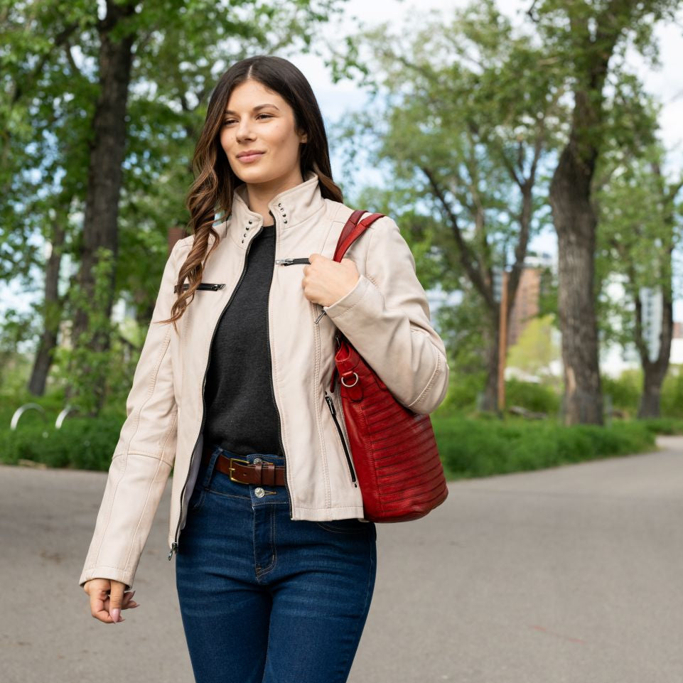Women's Classic Sheep Leather Jacket. Standing Collar with Studs, 4 Zippered Pockets & Shoulder Accent Stitching-19