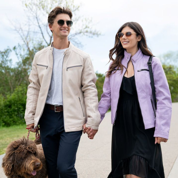 Women's Classic Sheep Leather Jacket. Standing Collar with Studs, 4 Zippered Pockets & Shoulder Accent Stitching-13