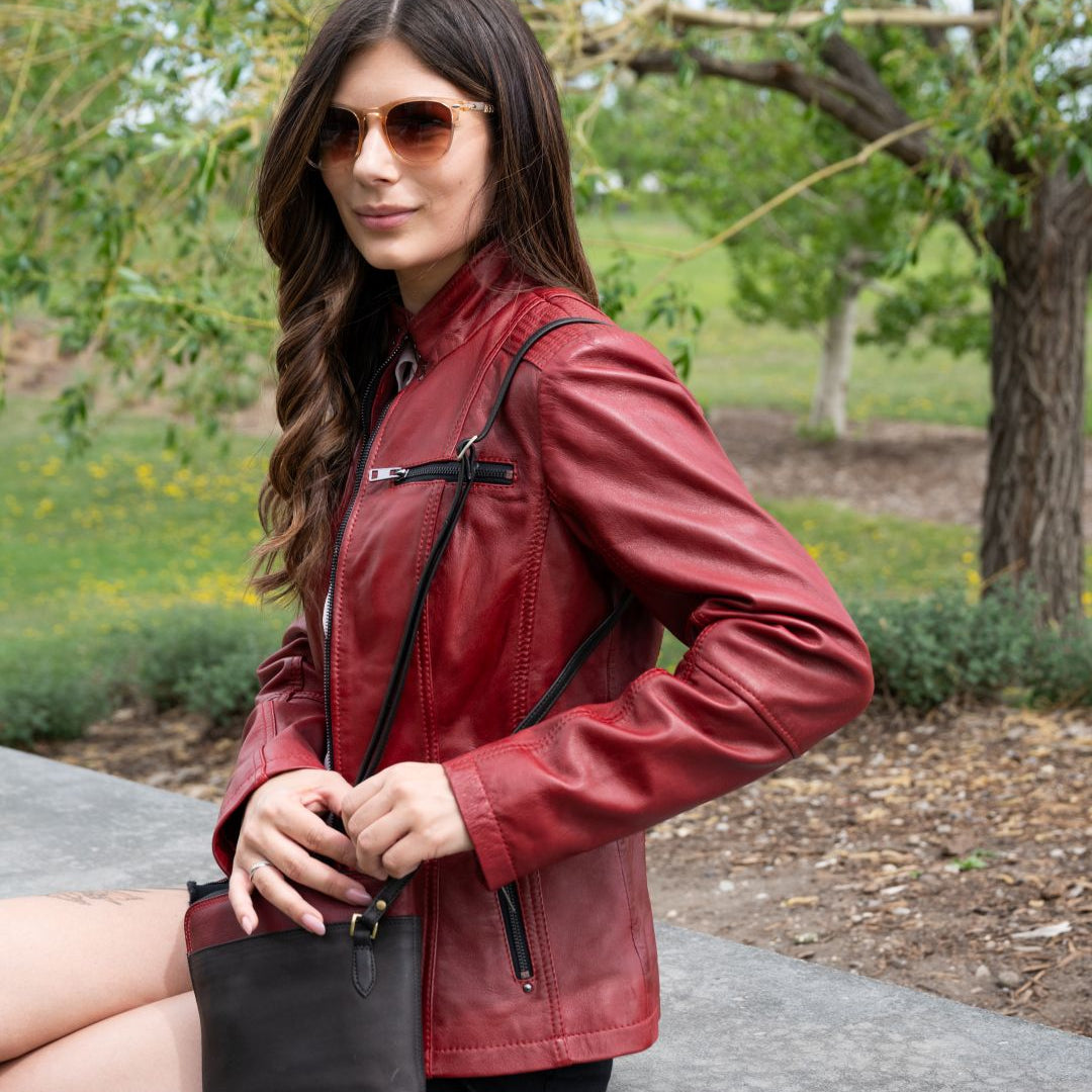 Women's Classic Sheep Leather Jacket. Standing Collar with Studs, 4 Zippered Pockets & Shoulder Accent Stitching-6